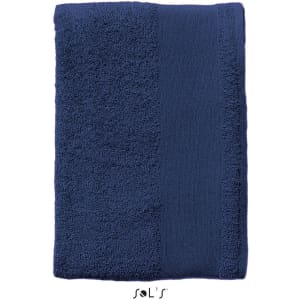A navy blue hand towel made of 400gsm cotton, measuring 30cm x 50cm, with a logo at the bottom.