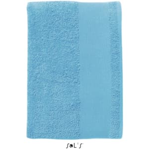 A blue hand towel made of 400gsm cotton, measuring 30cm x 50cm, featuring a logo.