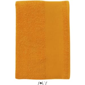 An orange hand towel made from 400gsm cotton, measuring 30cm x 50cm, featuring a logo.