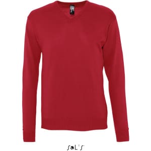 A red V-neck men's jumper made of acrylic and cotton jersey, featuring a logo on the interior.
