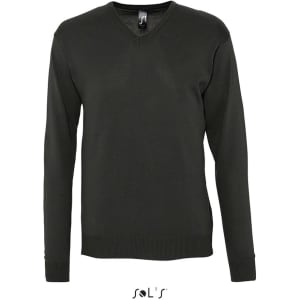A V-neck men's jumper in dark green, made from a blend of acrylic and cotton. Features a logo on the label.