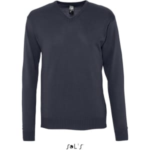 A navy V-neck jumper made from acrylic and cotton blend, featuring long sleeves and a ribbed hem.