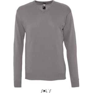 A grey V-neck men's jumper made of acrylic and cotton jersey, featuring a logo on the label.