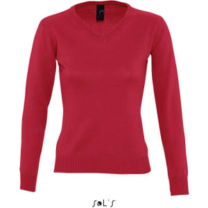 A red women's V-neck jumper with long sleeves and a fitted design. Features a logo on the label.