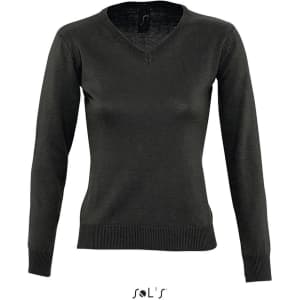 A women's jumper in dark grey with a V-neck design, featuring long sleeves and a fitted silhouette. Includes a brand logo.