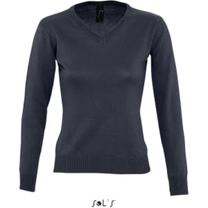 A women's dark navy V-neck jumper with long sleeves. The design is simple and features a logo.
