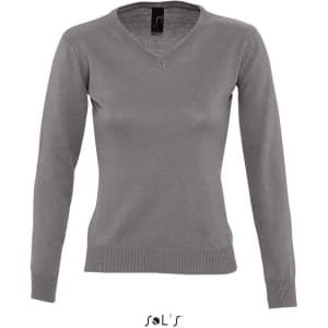 A women's grey V-neck jumper with long sleeves and a fitted design, featuring a label.