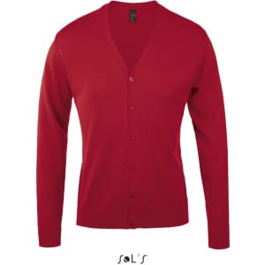 A red V-neck cardigan made from a cotton and acrylic mix, featuring a button-down front and long sleeves.