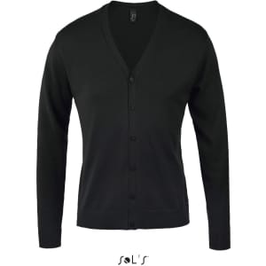 A V-neck cardigan in black, made from a cotton and acrylic mix, featuring a button-down front and long sleeves.