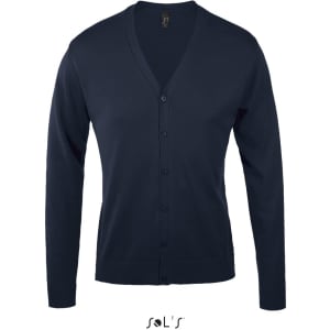 A navy v-neck cardigan made from a cotton and acrylic mix. The garment features a buttoned front and long sleeves.