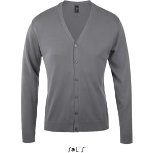 A V-neck cardigan for men, made from a cotton and acrylic mix, in a grey colour, featuring buttons and a logo.