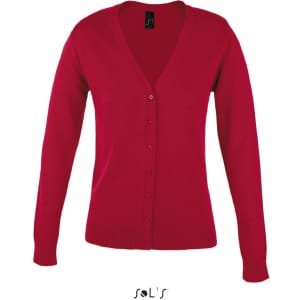 A red knitted cardigan with a v-neck design and button-up front. It features long sleeves and a branded label inside.