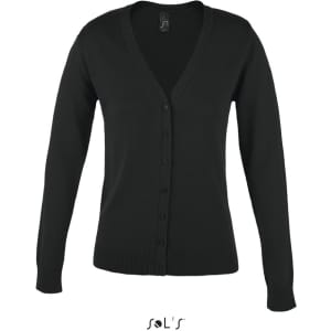 A women's black knitted cardigan featuring a V-neck design and button front. The product has a branding logo.