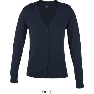 A women's knitted cardigan in navy blue with a V-neck and front buttons. The garment has long sleeves and a label.