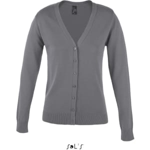 A grey knitted women’s cardigan featuring a v-neck and button closures, with long sleeves and a fitted hem.
