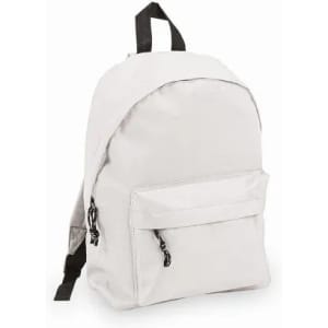 A backpack in light grey with black accents and a front zip pocket. Features adjustable shoulder straps and a top handle.