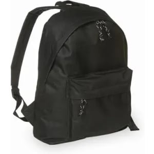 A black backpack featuring a front pocket and padded shoulder straps. It has a simple, sleek design.
