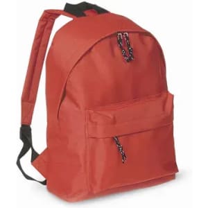 A red backpack with adjustable straps, featuring a front pocket and a main compartment with zippers.