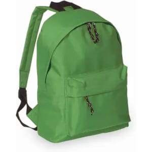 A green backpack with adjustable straps and a front zip pocket, featuring a simple design.