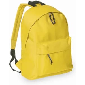A yellow backpack with adjustable straps and a front pocket, featuring a black zip detail.