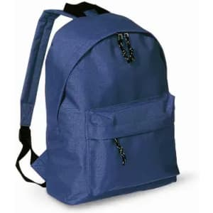 A navy blue backpack featuring a front pocket and adjustable shoulder straps, with a simple design and zipper closures.