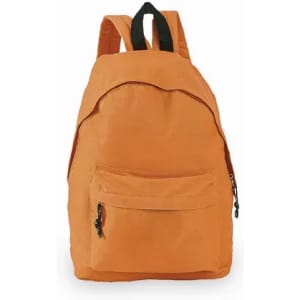 An orange backpack with a front pocket and black shoulder straps. It features a simple design and a logo.