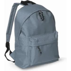 A grey backpack with a front pocket and adjustable straps, featuring a logo.