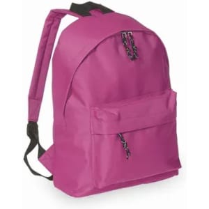 A pink backpack with adjustable straps and a front zip pocket. It features a simple, classic design.