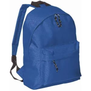 A blue backpack with a main compartment and front pocket, featuring black zipper details and adjustable straps.