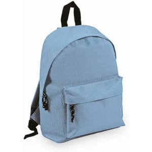 A blue backpack with a front pocket and adjustable straps. It features a simple, minimalist design.