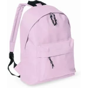 A pink backpack with a front pocket and black zipper pulls, featuring two shoulder straps.