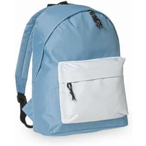 A backpack in light blue with a white front pocket and black zippers. It has adjustable shoulder straps.