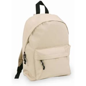 A beige backpack featuring a front pocket and adjustable straps. It has a simple design with a logo on it.