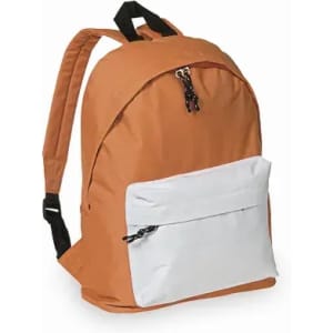 A backpack in orange with a white front pocket and black zippers. It has two shoulder straps and a logo.