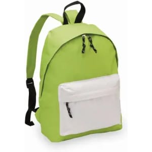 A green backpack with a white front pocket, featuring adjustable straps and a top handle. It has a zippered main compartment.