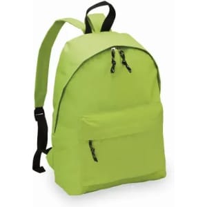 A green backpack with black straps and zippers, featuring a front pocket for extra storage.