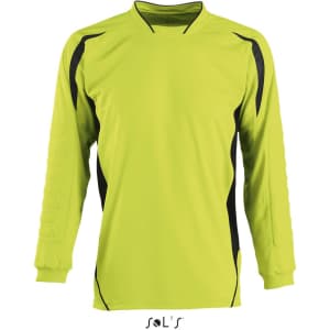 A long-sleeve, bright lime green goalkeeper shirt featuring black side panels and a logo.