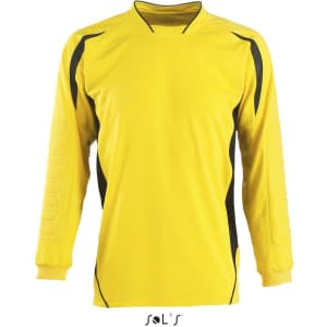 A long-sleeve adult goalkeeper shirt in bright yellow with black accents and a logo.