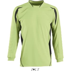 A green long-sleeve goalkeeper shirt with black accents and a logo at the bottom.