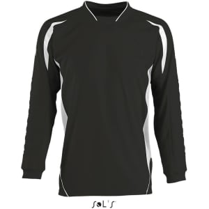 A black long-sleeve kids' goalkeeper shirt with white accents and a logo on the front.