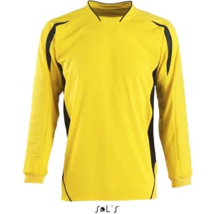 A long-sleeved goalkeeper shirt in bright yellow with black accents and a logo at the bottom.