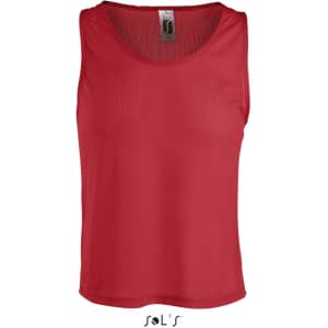 A red sports singlet for adults and kids with a mesh design and branding on the label.