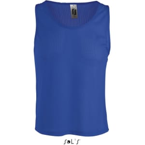A blue sports bib/singlet for adults and kids, featuring a mesh design and a logo label.