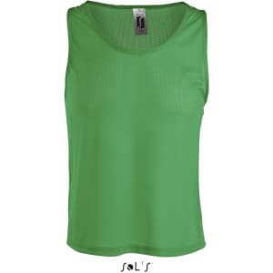 A green sports bib/singlet for adults and kids, featuring a mesh design and a branding label.
