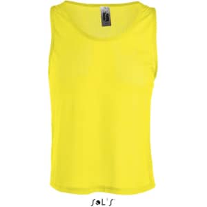 A yellow sports bib/singlet for adults and kids with a mesh design and branding on the label.
