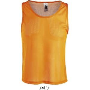 An orange sports bib or singlet with a mesh design and a branding label.