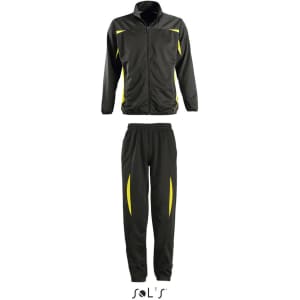 A black tracksuit with yellow accents, featuring a zip-up jacket and matching trousers. It includes branding.