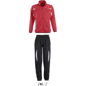 A red tracksuit top paired with black tracksuit bottoms, featuring a logo.