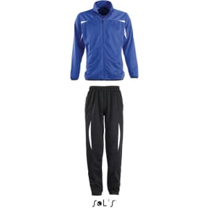 A full kids' tracksuit featuring a blue top and black bottoms, with a logo on the bottom.