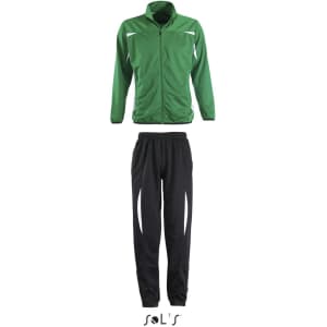 A full tracksuit for kids featuring a green top and black bottoms, with a logo on the clothing.